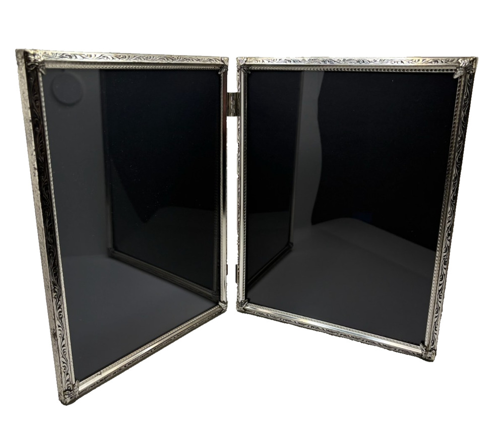 Vtg Silver Metal Double Photo Hinged Frame Embossed Ornate 7 1/4 x 9 1/4 Ornate